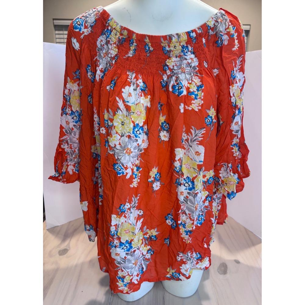 BeachLunchLounge Red Floral Smocked Off Shoulder Boho Blouse Top XL
